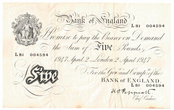 B264 White Five Pounds Banknote. This large white note is the London April 2nd 1947 Issue, with Prefix / Serial Number L81 004594