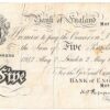 B264 White Five Pounds Banknote. This large white note is the London May 2nd 1947 Issue, with Prefix / Serial Number M07 098250.