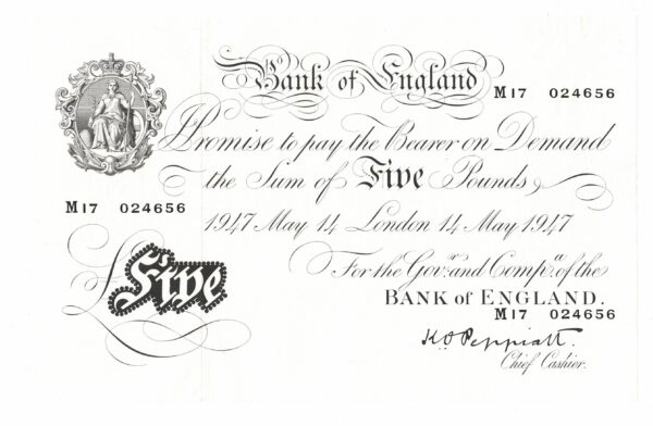 B264 White Five Pounds Banknote. This large white note is the London May 14th 1947 Issue, with Prefix / Serial Number M17 024656.