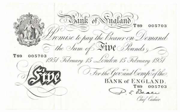 B270 White Five Pounds Banknote. This large white note is the London 15th February 1951 Issue, with Prefix / Serial Number T89 005703.