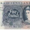 B312 Five Pounds Banknote. Deep blue on multicolour underprint. Queen Elizabeth II on the obverse. The reverse has Britannia.