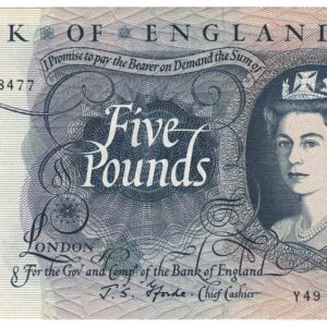 B312 Five Pounds Banknote. Deep blue on multicolour underprint. Queen Elizabeth II on the obverse. The reverse has Britannia.