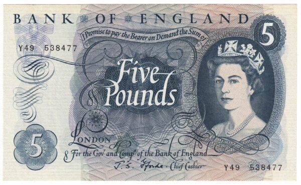 B312 Five Pounds Banknote. Deep blue on multicolour underprint. Queen Elizabeth II on the obverse. The reverse has Britannia.