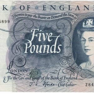 B312 Five Pounds Banknote. Deep blue on multicolour underprint. Queen Elizabeth II on the obverse. The reverse has Britannia.