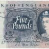 B312 Five Pounds Banknote. Deep blue on multicolour underprint. Queen Elizabeth II on the obverse. The reverse has Britannia.