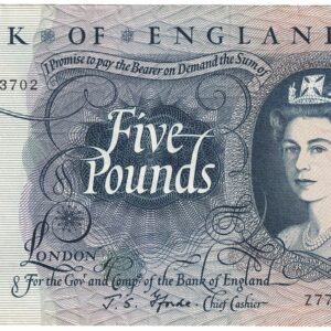 B312 Five Pounds Banknote. Deep blue on multicolour underprint. Queen Elizabeth II on the obverse. The reverse has Britannia.