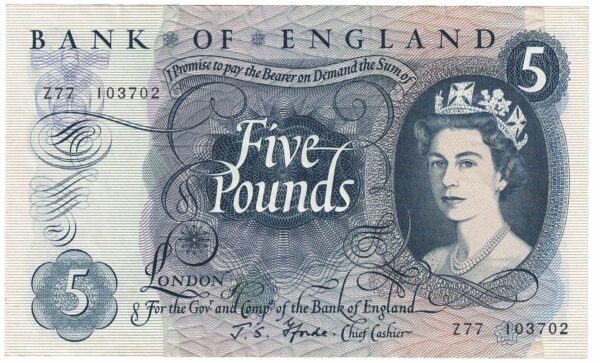 B312 Five Pounds Banknote. Deep blue on multicolour underprint. Queen Elizabeth II on the obverse. The reverse has Britannia.