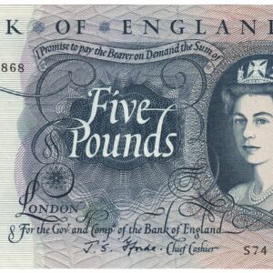 B312 Five Pounds Banknote. Deep blue on multicolour underprint. Queen Elizabeth II on the obverse. The reverse has Britannia.