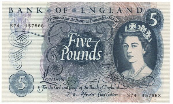 B312 Five Pounds Banknote. Deep blue on multicolour underprint. Queen Elizabeth II on the obverse. The reverse has Britannia.