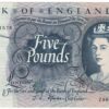 B312 Five Pounds Banknote. Deep blue on multicolour underprint. Queen Elizabeth II on the obverse. The reverse has Britannia.