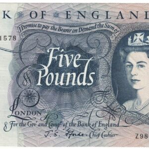 B312 Five Pounds Banknote. Deep blue on multicolour underprint. Queen Elizabeth II on the obverse. The reverse has Britannia.