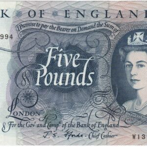 B312 Five Pounds Banknote. Deep blue on multicolour underprint. Queen Elizabeth II on the obverse. The reverse has Britannia.