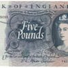 B312 Five Pounds Banknote. Deep blue on multicolour underprint. Queen Elizabeth II on the obverse. The reverse has Britannia.