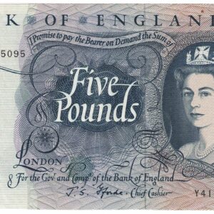 B312 Five Pounds Banknote. Deep blue on multicolour underprint. Queen Elizabeth II on the obverse. The reverse has Britannia.