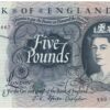 B312 Five Pounds Banknote. Deep blue on multicolour underprint. Queen Elizabeth II on the obverse. The reverse has Britannia.