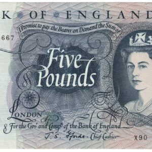 B312 Five Pounds Banknote. Deep blue on multicolour underprint. Queen Elizabeth II on the obverse. The reverse has Britannia.