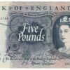 B314 Five Pounds Banknote. Deep blue on multicolour underprint. Queen Elizabeth II on the obverse. The reverse has Britannia.