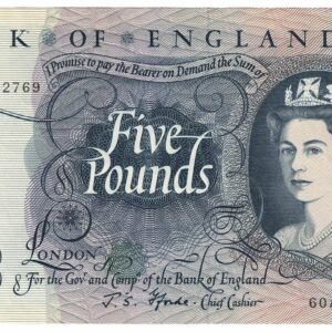 B314 Five Pounds Banknote. Deep blue on multicolour underprint. Queen Elizabeth II on the obverse. The reverse has Britannia.