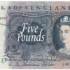 B297 Five Pounds Banknote. Deep blue on multicolour underprint. Queen Elizabeth II on the obverse. The reverse has Britannia.