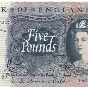 B297 Five Pounds Banknote. Deep blue on multicolour underprint. Queen Elizabeth II on the obverse. The reverse has Britannia.