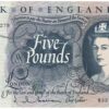 B297 Five Pounds Banknote. Deep blue on multicolour underprint. Queen Elizabeth II on the obverse. The reverse has Britannia.