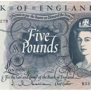 B297 Five Pounds Banknote. Deep blue on multicolour underprint. Queen Elizabeth II on the obverse. The reverse has Britannia.