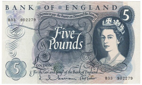 B297 Five Pounds Banknote. Deep blue on multicolour underprint. Queen Elizabeth II on the obverse. The reverse has Britannia.