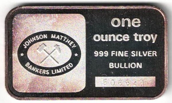 One Ounce Silver Bar Johnson Matthey. All of our silver bars have been pre-owned and are in stock. This bar contains one ounce of 999 fine Silver.