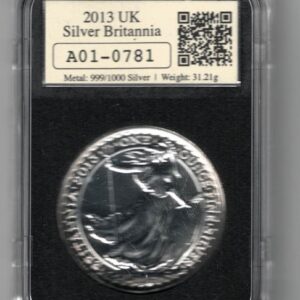 2013 Silver Britannia One Ounce Coin. The portrait of Queen Elizabeth II is on the obverse. The coin contains one ounce of 999 fine silver.