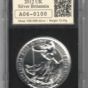 2012 Silver Britannia One Ounce Coin. The portrait of Queen Elizabeth II is on the obverse. The coin contains one ounce of 999 fine silver.