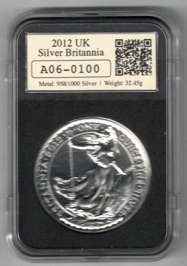 2012 Silver Britannia One Ounce Coin. The portrait of Queen Elizabeth II is on the obverse. The coin contains one ounce of 999 fine silver.