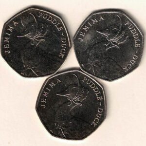 Loose 2016 Fifty Pence Jemima Puddle-Duck cupro nickel coins featuring Queen Elizabeth II on the Obverse. Puddle-Duck is on the Reverse.