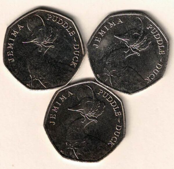 Loose 2016 Fifty Pence Jemima Puddle-Duck cupro nickel coins featuring Queen Elizabeth II on the Obverse. Puddle-Duck is on the Reverse.