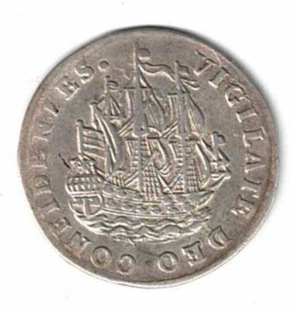 1735 Netherlands East Indies Silver Six Stuivers. The obverse features The Crowned Arms of Holland. The reverse features a Clipper Ship.