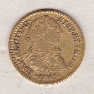 1785 FM Mexico Gold One Escudo coin. The obverse features Carlos III. The reverse features a crowned shield surrounded by a chain.