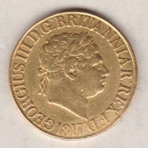 1817 Gold Sovereign Coin. This gold coin features George III on the obverse. St. George slaying the dragon on the reverse.