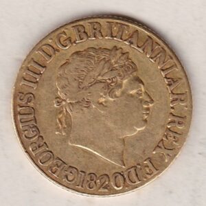 1820 Gold Sovereign Coin. This gold coin features George III on the obverse. St. George slaying the dragon on the reverse.