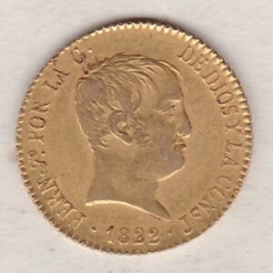 1822 Spain Gold Eighty Reales coin. The obverse features King Fernando VII. The reverse features a crowned coat of arms of Spain with Golden Fleece collar.