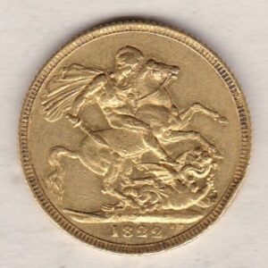 1822 Gold Sovereign Coin. The obverse features the portrait of King George IV. The reverse features St George slaying the dragon.