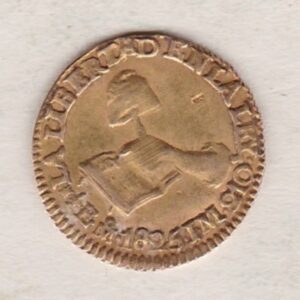 1825 Mexico Gold Half Escudo coin. The obverse features an eagle. The reverse features a book with legend, value and date around.
