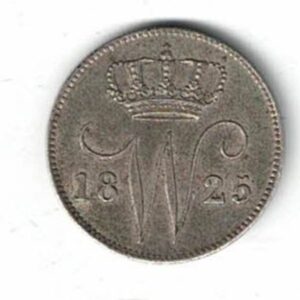 1825 Netherlands Silver 25 Cents coin. The obverse features a Crowned W and the date. The reverse has the value and Crowned Arms.
