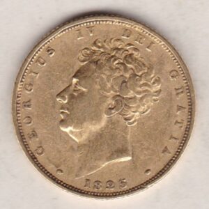 1825 Gold Sovereign Coin. This gold coin features George IV on the obverse. A crowned shield of arms and mantle, legend around on the reverse.