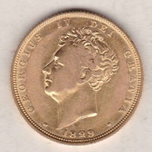 1829 Gold Sovereign Coin. This gold coin features George IV on the obverse. A crowned shield of arms and mantle, legend around on the reverse.