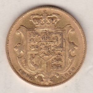 1832 Gold Sovereign Coin. This gold coin features William IV on the obverse. A crowned shield of arms and mantle, legend around on the reverse.
