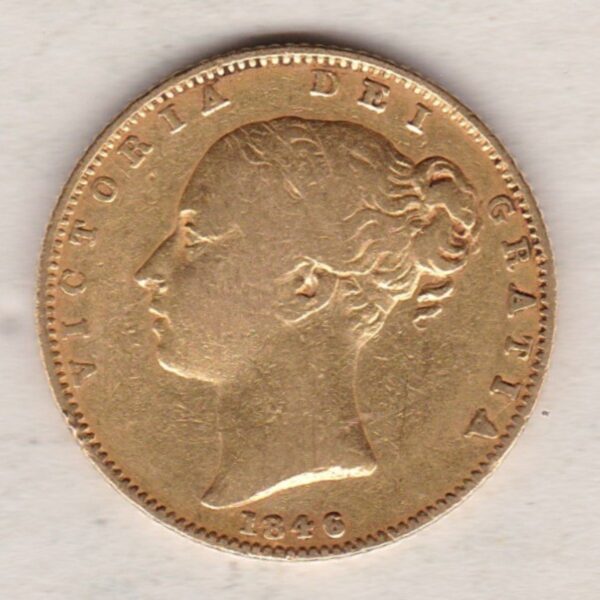 1846 Gold Sovereign Coin. The coin features a young head queen Victoria on the Obverse and the collectable shield design on the Reverse.