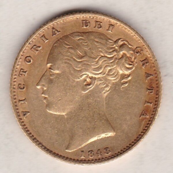 1848 Gold Sovereign Coin. The coin features a young head queen Victoria on the Obverse and the collectable shield design on the Reverse.