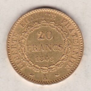 1849 A France Gold Twenty Francs coin featuring a standing Genius writing the Constitution. The reverse has the denomination within a wreath.
