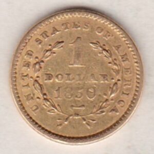 1850 USA Gold Dollar coin. This coin was struck in Philadelphia, the Liberty head design on the Obverse. The date on the Reverse.