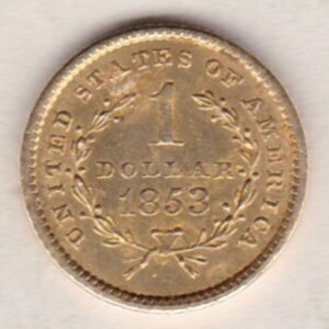 1853 USA Gold Dollar coin. This coin was struck in Philadelphia, the Liberty head design on the Obverse. The date on the Reverse.