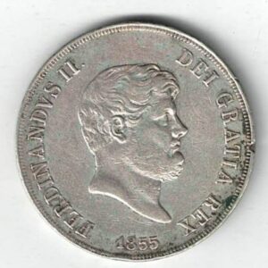 1855 Naples Italy 120 Grana Silver Coin. The obverse features Ferdinando II. The reverse has the denomination with legend and Crowned Shield.
